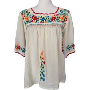 Siren La Marina Embroidered Gauzy Off White Fiesta Boho Blouse Top Sz L